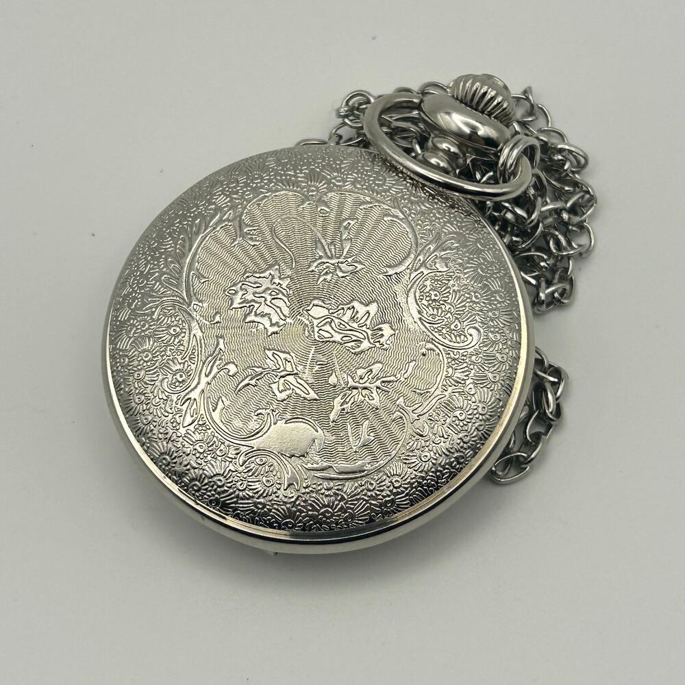 Open Center Silver Tone Vintage Style Pocket Watch Necklace Working New Battery - Picture 3 of 7